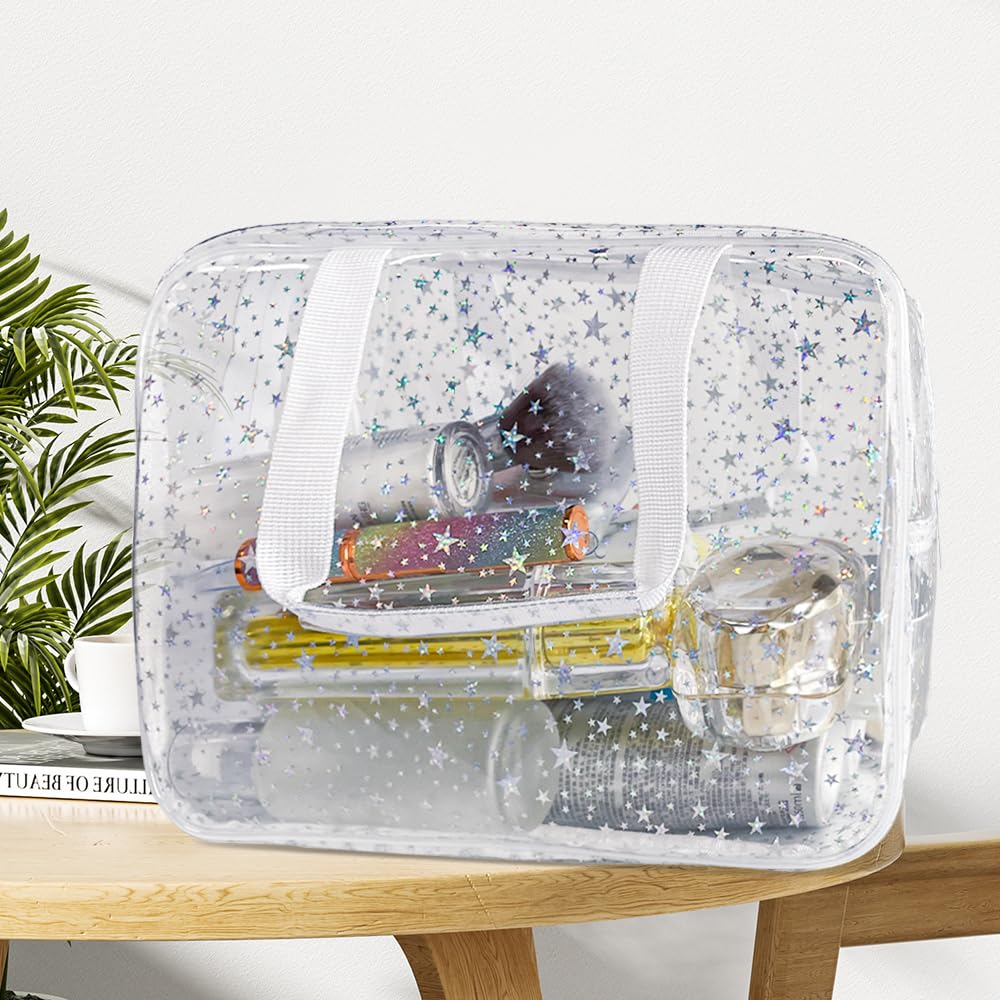 TotePrint holographic star cosmetic bag travel-ready with organized contents