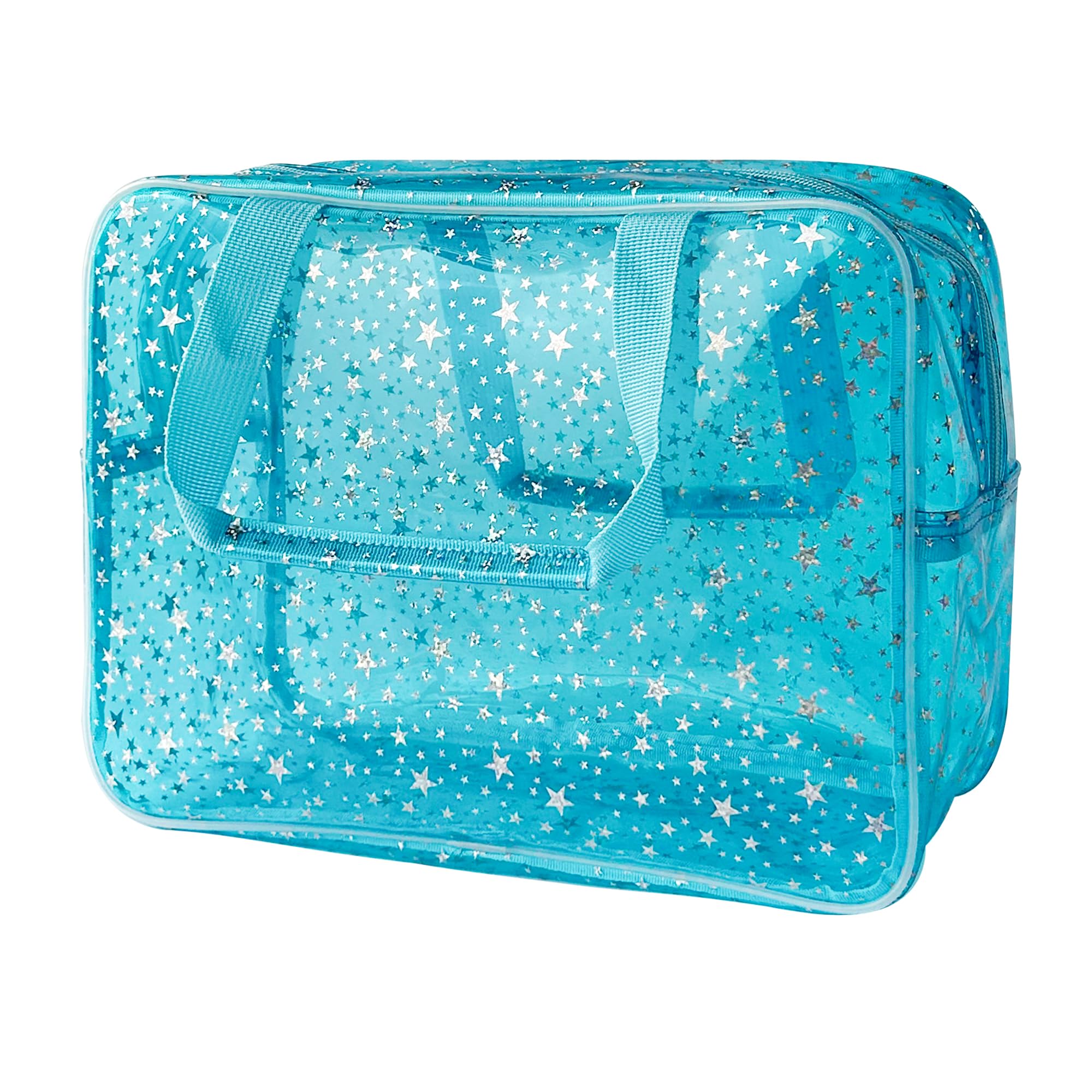 TotePrint holographic star large blue front view showcases roomy interior for cosmetics.