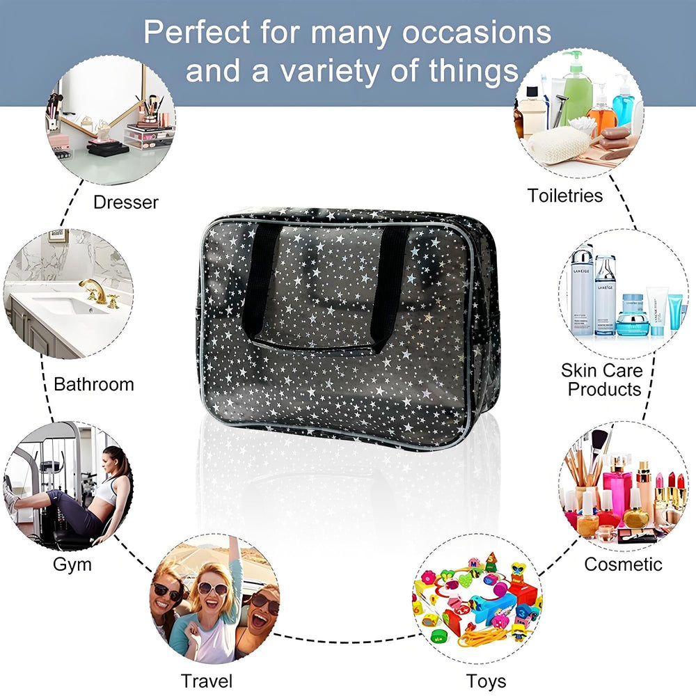TotePrint Yellow Star large cosmetic bag handle view emphasizing portable design for quick trips