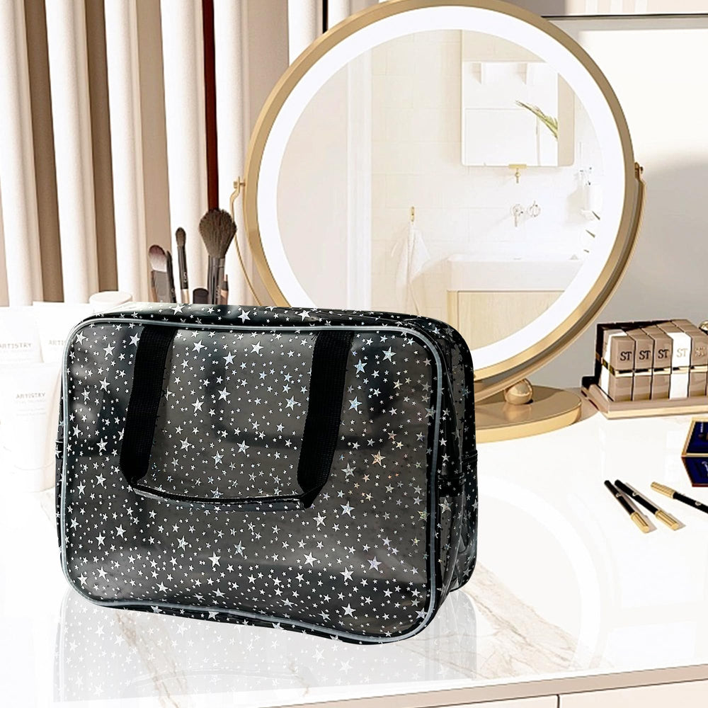 TotePrint Yellow Star large cosmetic bag lifestyle image on vanity ready for travel
