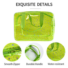TotePrint Yellow Star large cosmetic bag open view demonstrating easy access and visibility