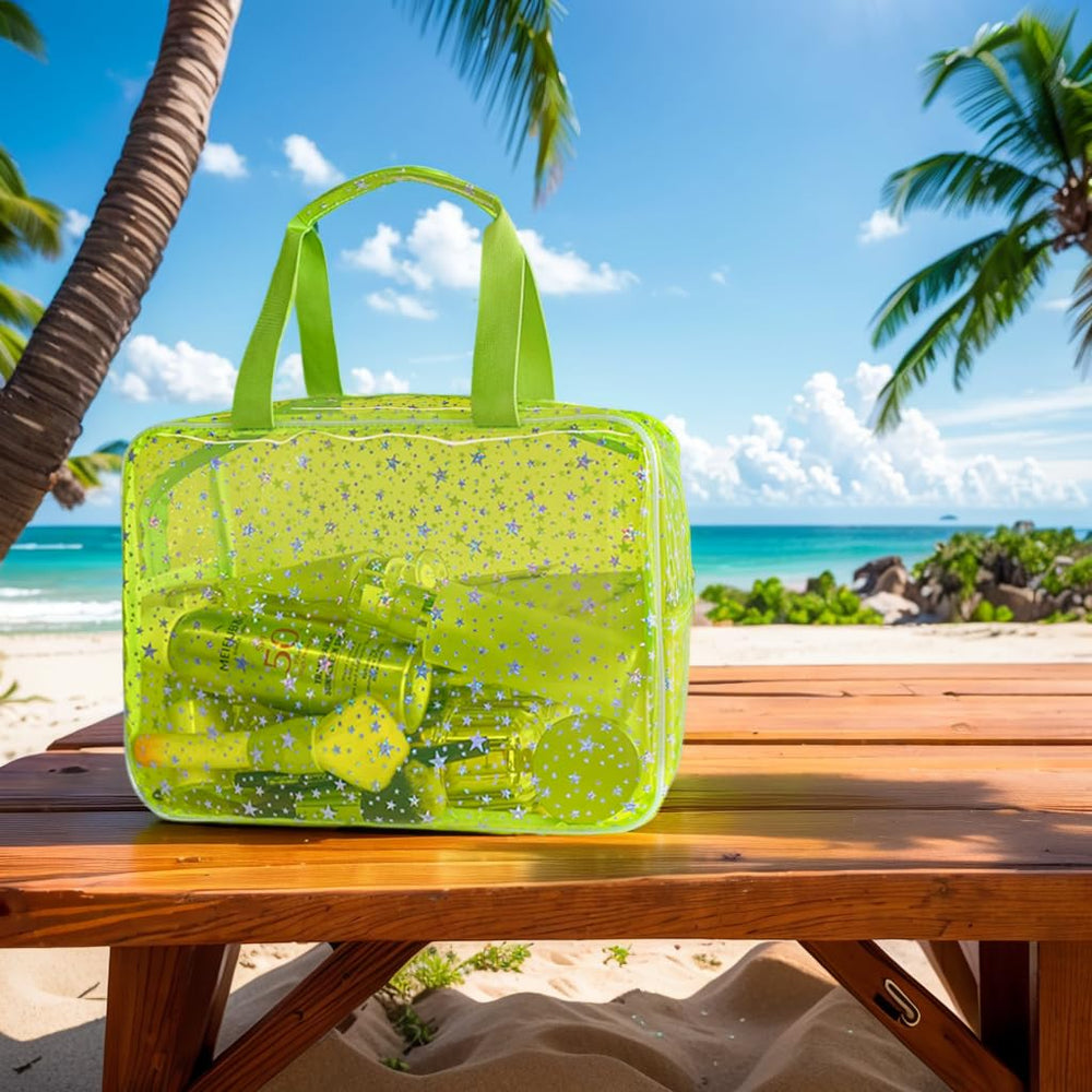 TotePrint Yellow Star large cosmetic bag side view showing spacious capacity for travel essentials