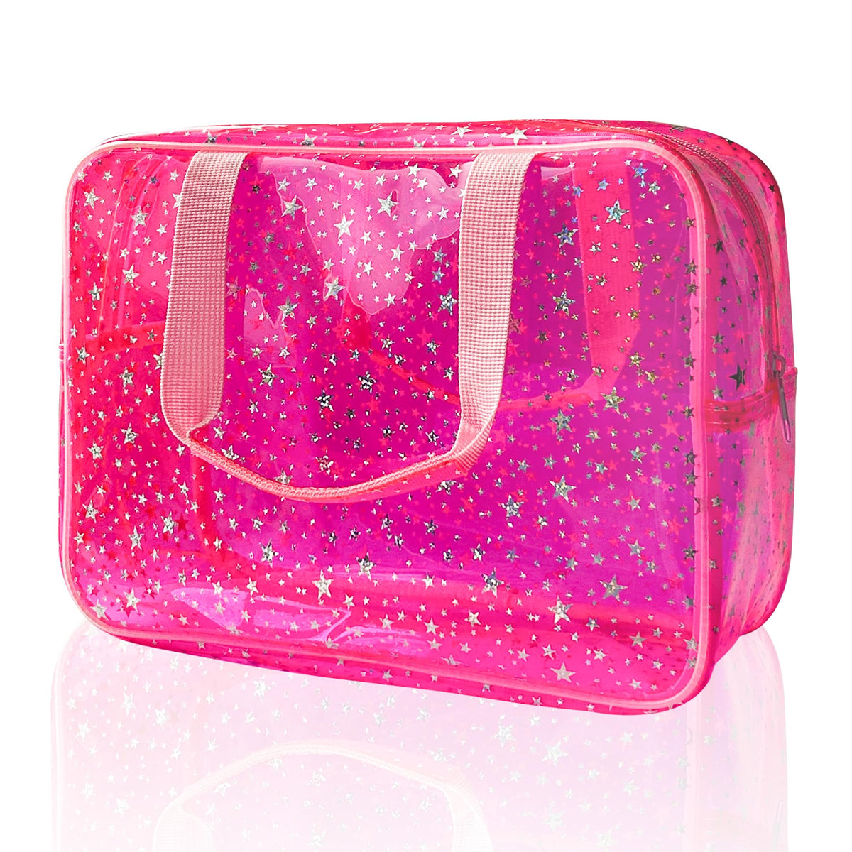 TotePrint hot pink star bag front view highlights stylish travel-ready cosmetics organizer.