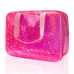 TotePrint hot pink star bag front view highlights stylish travel-ready cosmetics organizer.