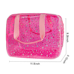TotePrint hot pink star bag zip-closure demonstrates secure access for quick makeup retrieval.