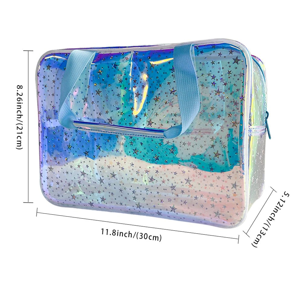 TotePrint TPU Holographic Blue Star bag interior showcases organized space for cosmetics.