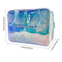 TotePrint TPU Holographic Blue Star bag interior showcases organized space for cosmetics.