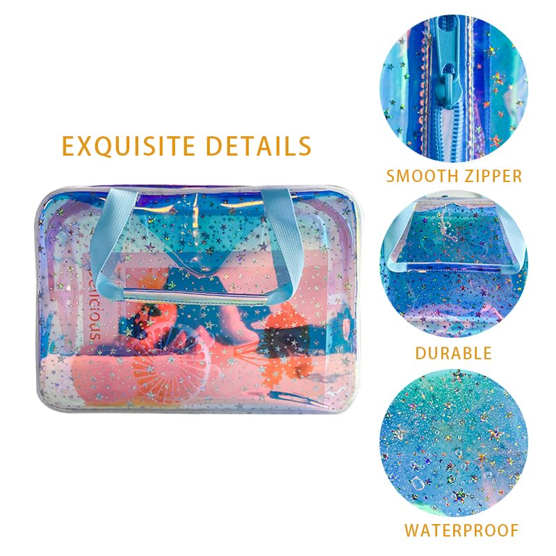 TotePrint TPU Holographic Blue Star bag material close-up shows waterproof durability.