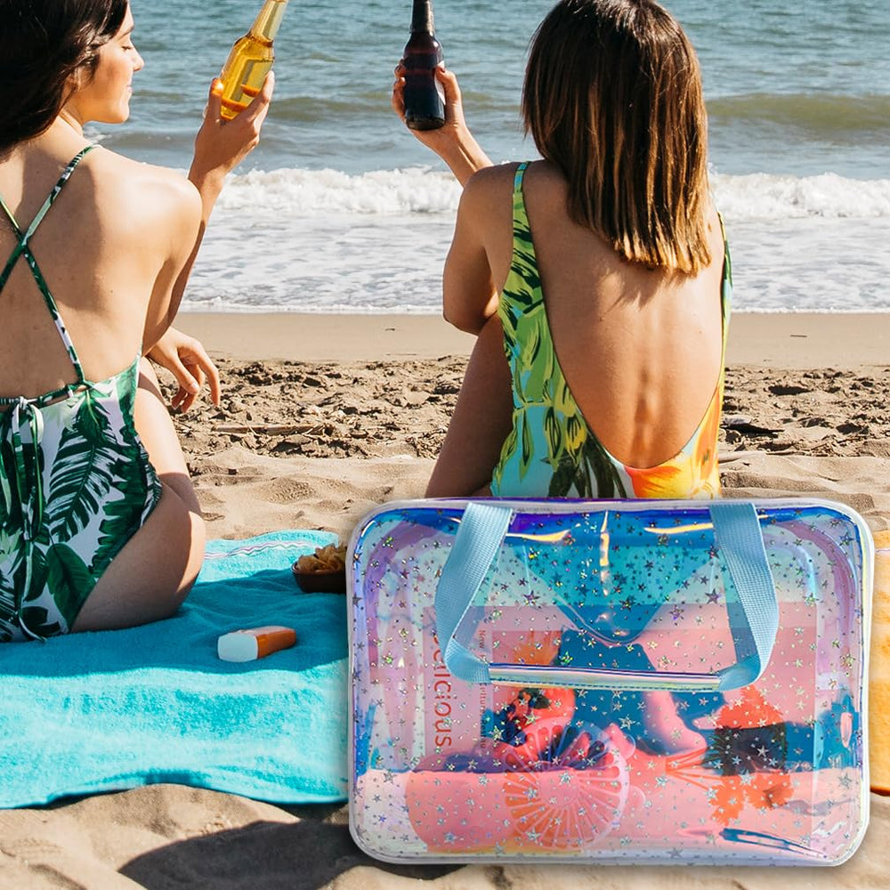 TotePrint TPU Holographic Blue Star bag opened with zipper for fast access.