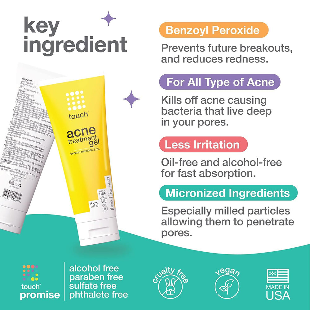 TOUCH benzoyl peroxide 2.5% gel applied under makeup for a seamless daily wear.
