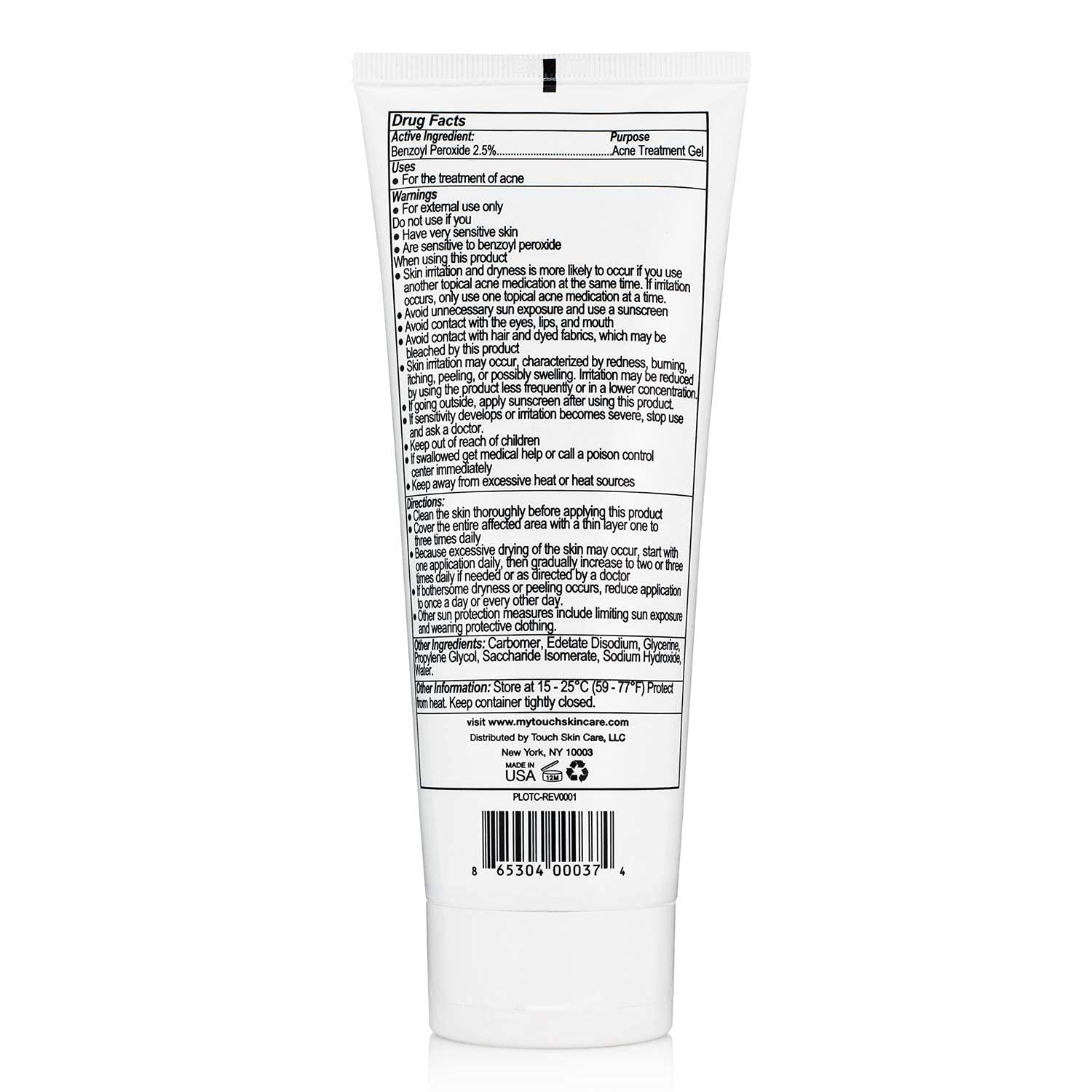 TOUCH benzoyl peroxide 2.5% gel used on face and back for acne-prone areas with a clear finish.