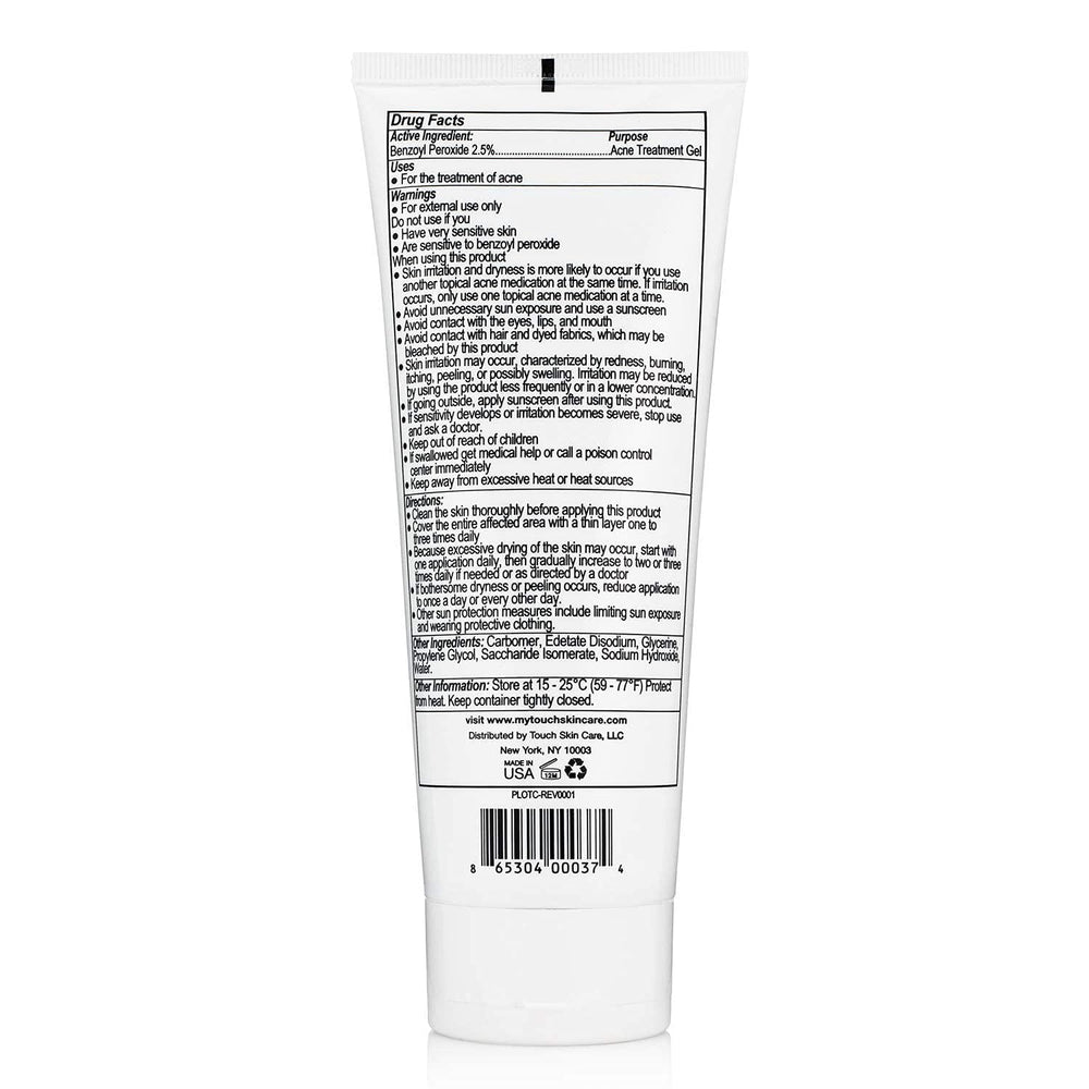 TOUCH benzoyl peroxide 2.5% gel used on face and back for acne-prone areas with a clear finish.