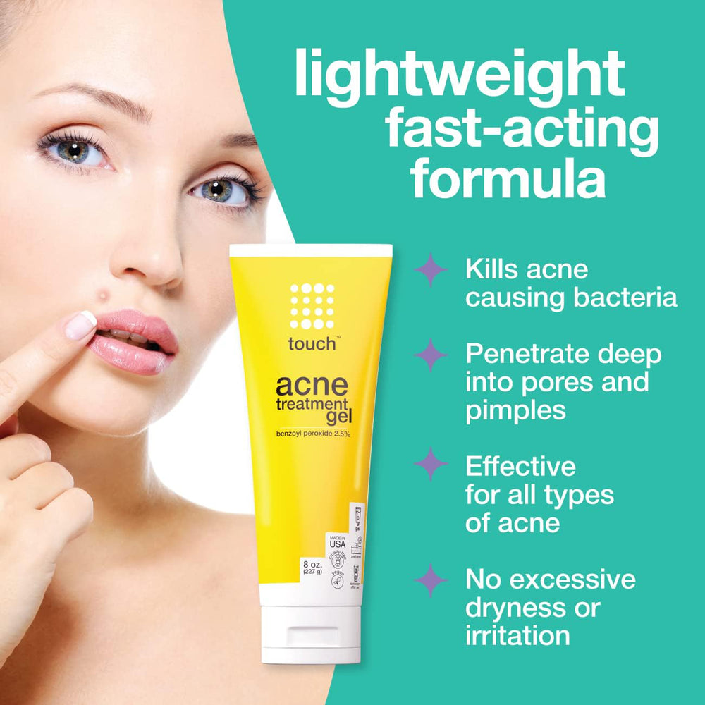 TOUCH benzoyl peroxide 2.5% gel texture closeup shows lightweight, non-irritating finish.