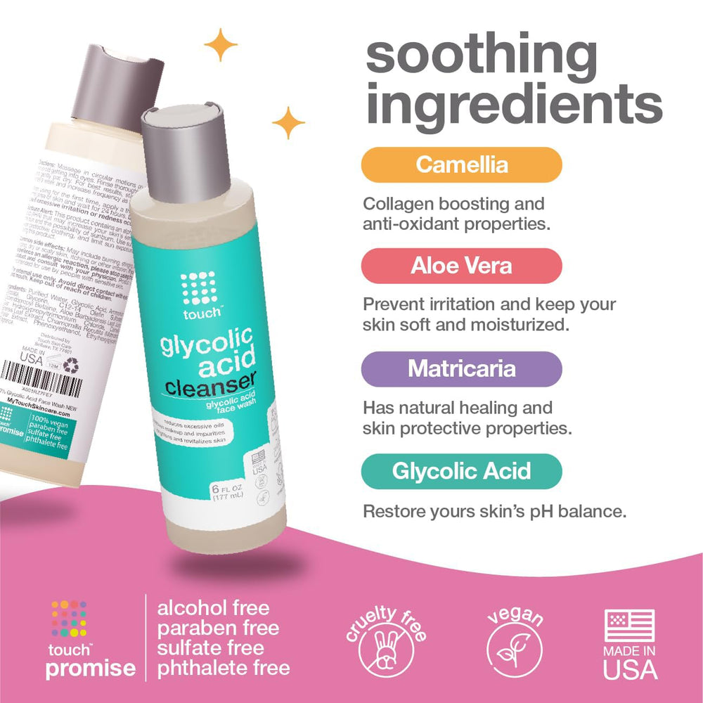 TOUCH face wash foam texture close-up shows non-drying cleanse suitable for all skin types.