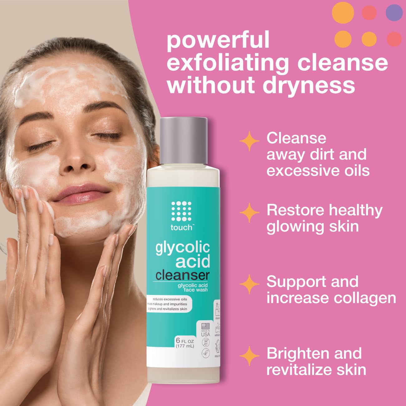 TOUCH foaming Glycolic Face Wash image highlights rich lather for efficient makeup removal.