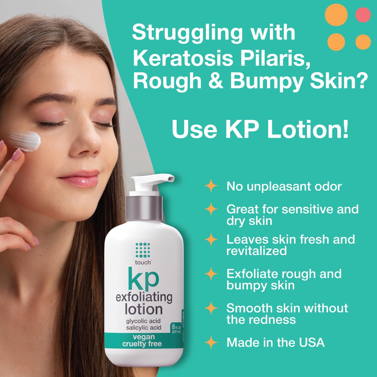 TOUCH Glycolic Lotion bottle shown with a pump for KP relief during use.