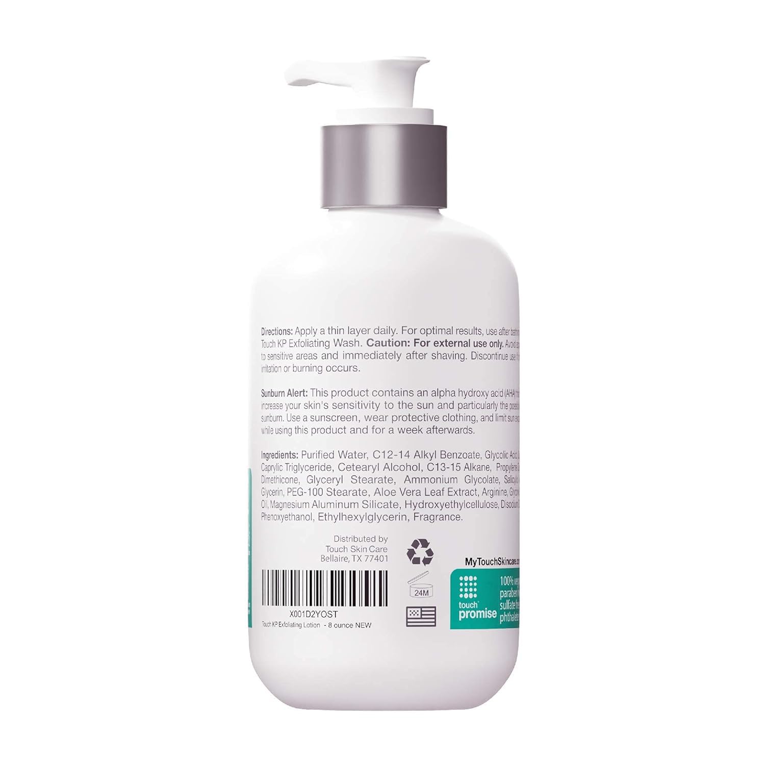 TOUCH Glycolic Lotion pump bottle stands ready for nightly exfoliation routine.