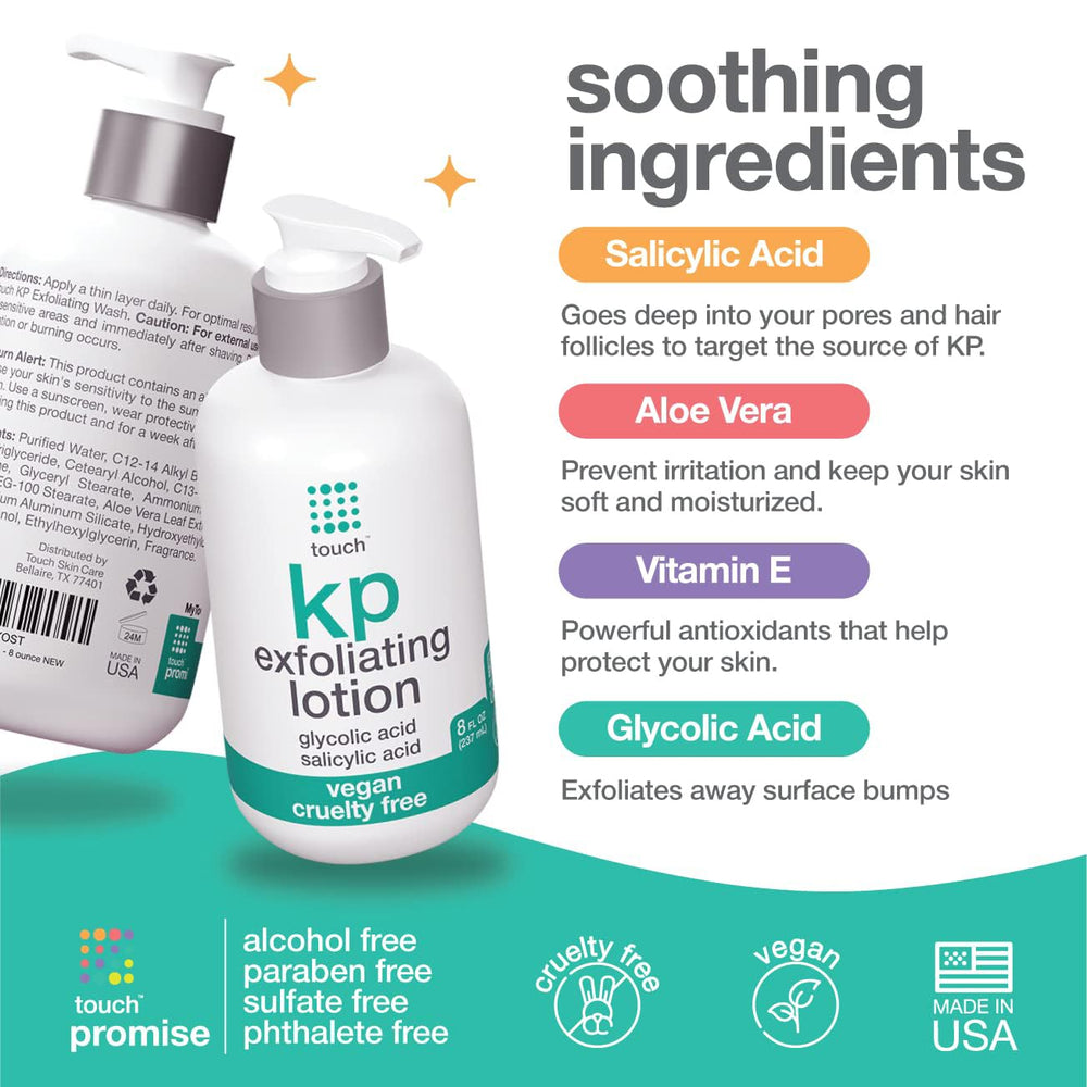 Close-up of TOUCH Glycolic Lotion texture shows a creamy, hydrating base.