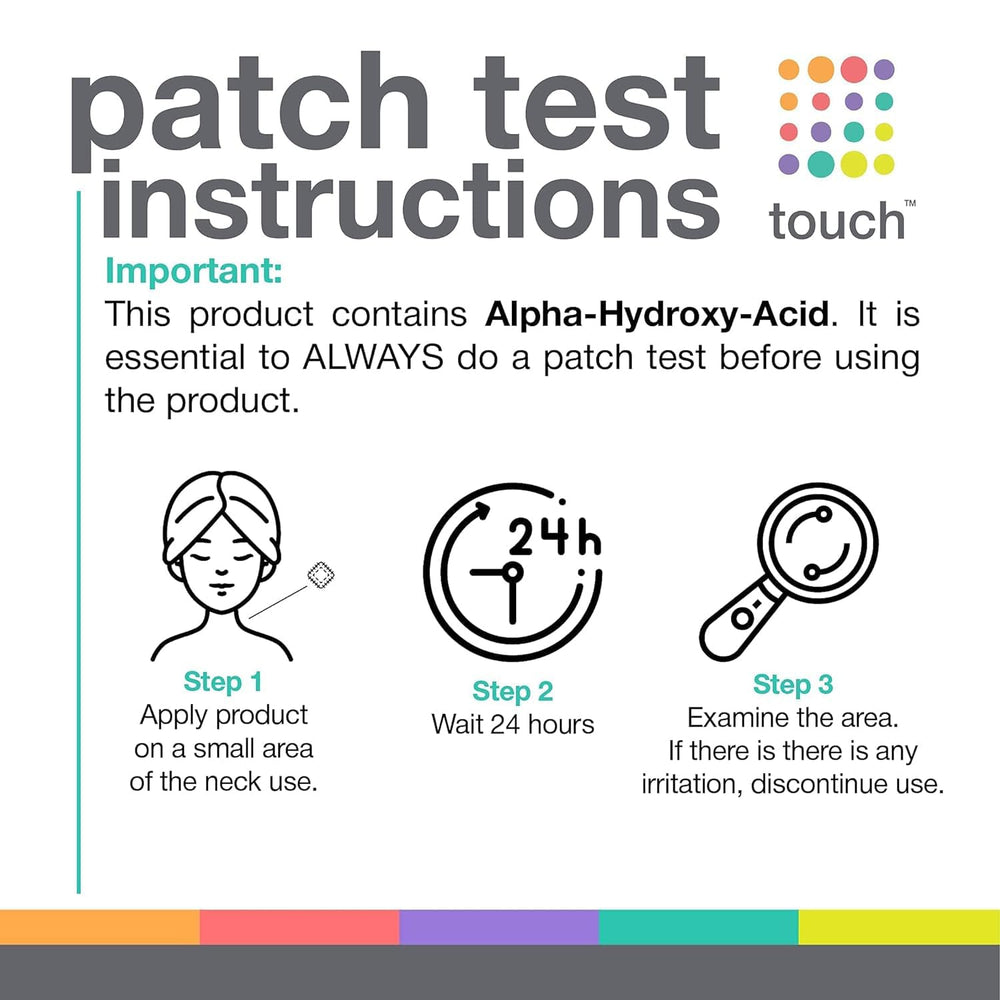 TOUCH Glycolic Lotion vegan formula emphasizes clean, gentle exfoliation for skin.
