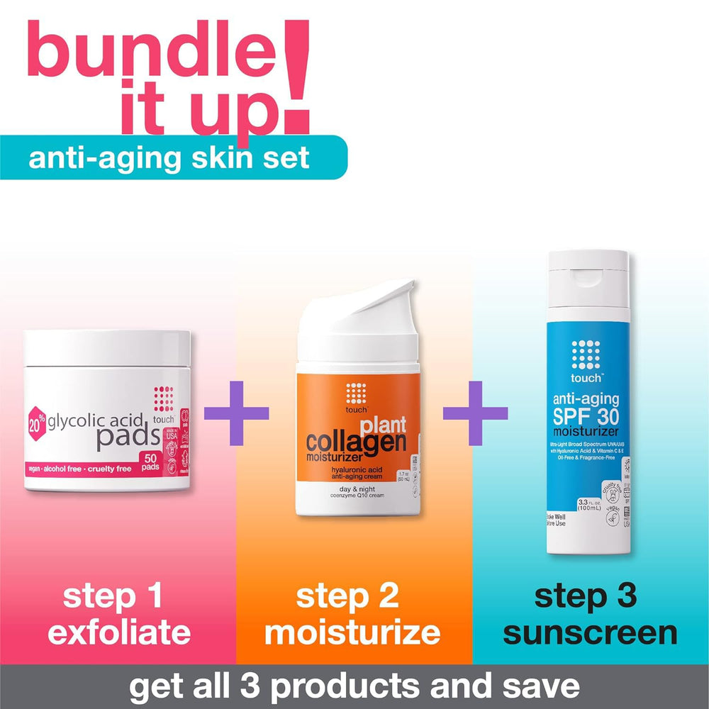TOUCH glycolic pad being applied during routine exfoliation hints at gentle use.