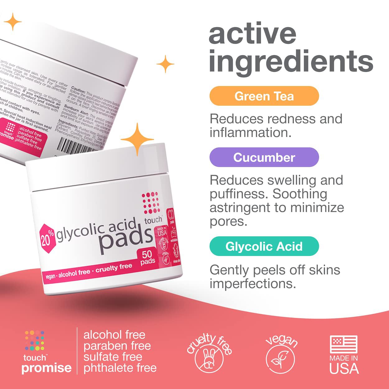 TOUCH glycolic pad foam-seal lid close-up demonstrating moisture protection.