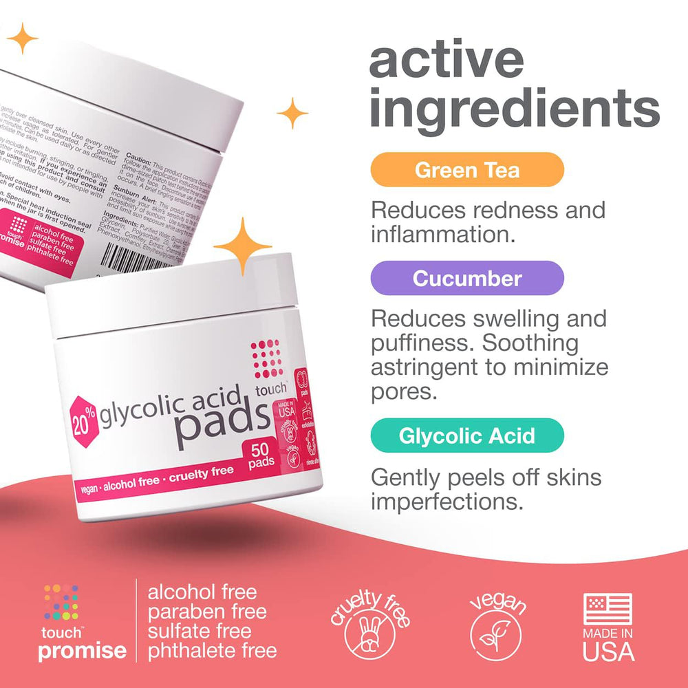 TOUCH glycolic pad foam-seal lid close-up demonstrating moisture protection.