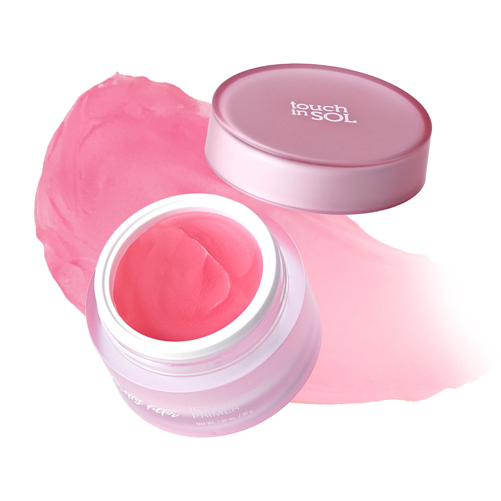 Touch in Sol Icy Sherbet Primer bottle closeup—cooling hydration for a refreshed base.