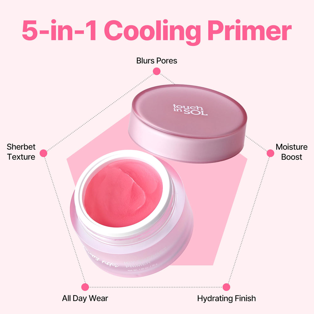 Touch in Sol Icy Sherbet Primer ingredients — cocoa, peony, cherry extracts for hydration.