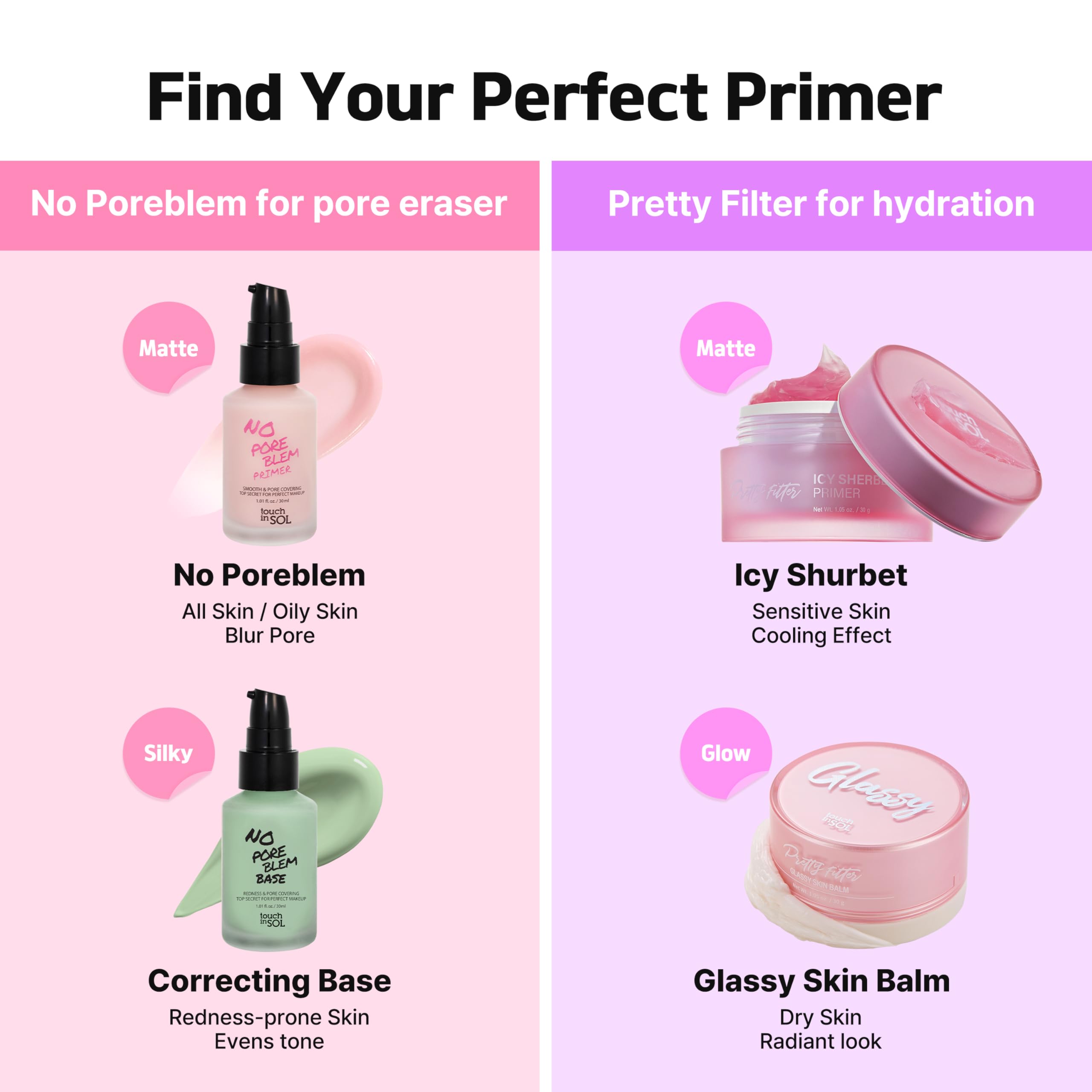Touch in Sol No Poreblem Primer before-after comparison shows improved pore appearance.