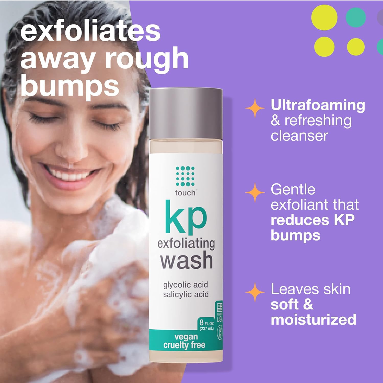 TOUCH KP body wash bottle with aloe vera boosts comfort and hydration during cleanse.