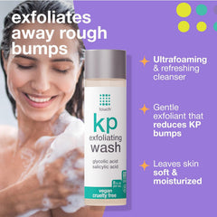 TOUCH KP body wash bottle with aloe vera boosts comfort and hydration during cleanse.