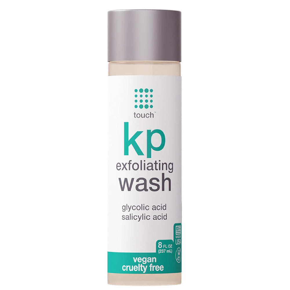 TOUCH KP body wash bottle with glycolic foam helps refine texture and exfoliate skin.