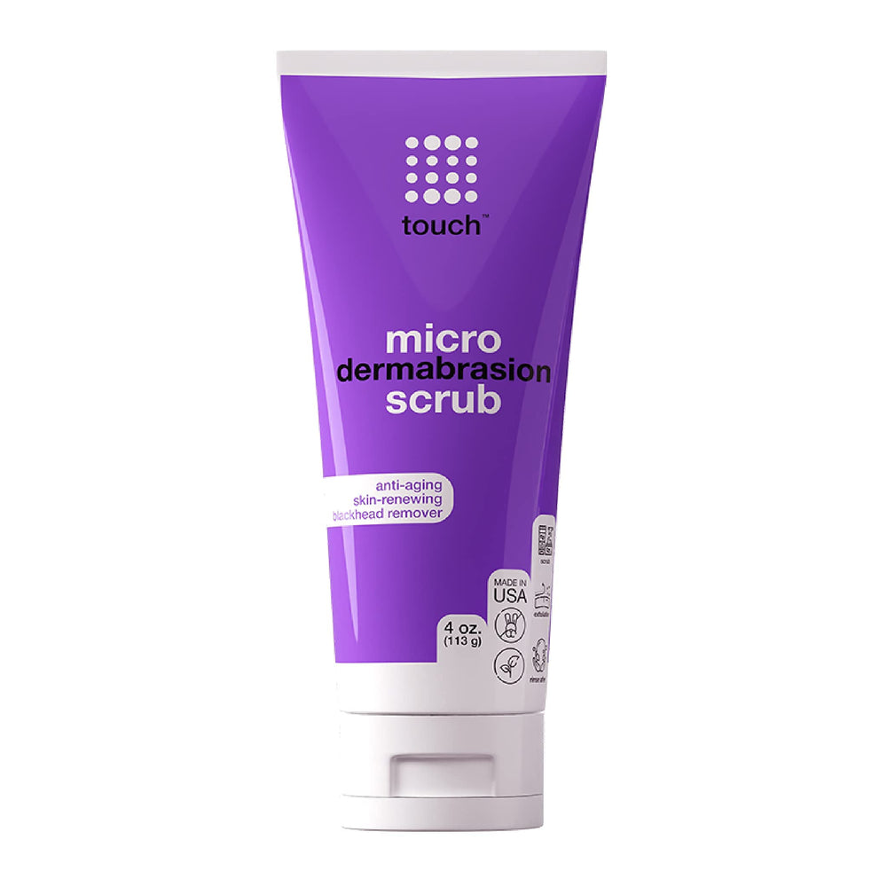 TOUCH microdermabrasion scrub bottle closeup highlighting exfoliation with dermatologist-grade crystals.