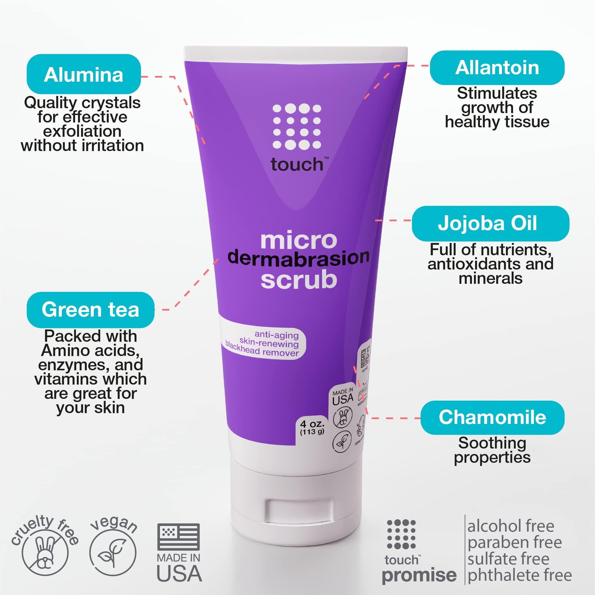 TOUCH scrub texture closeup showing gentle polish for smoother skin.