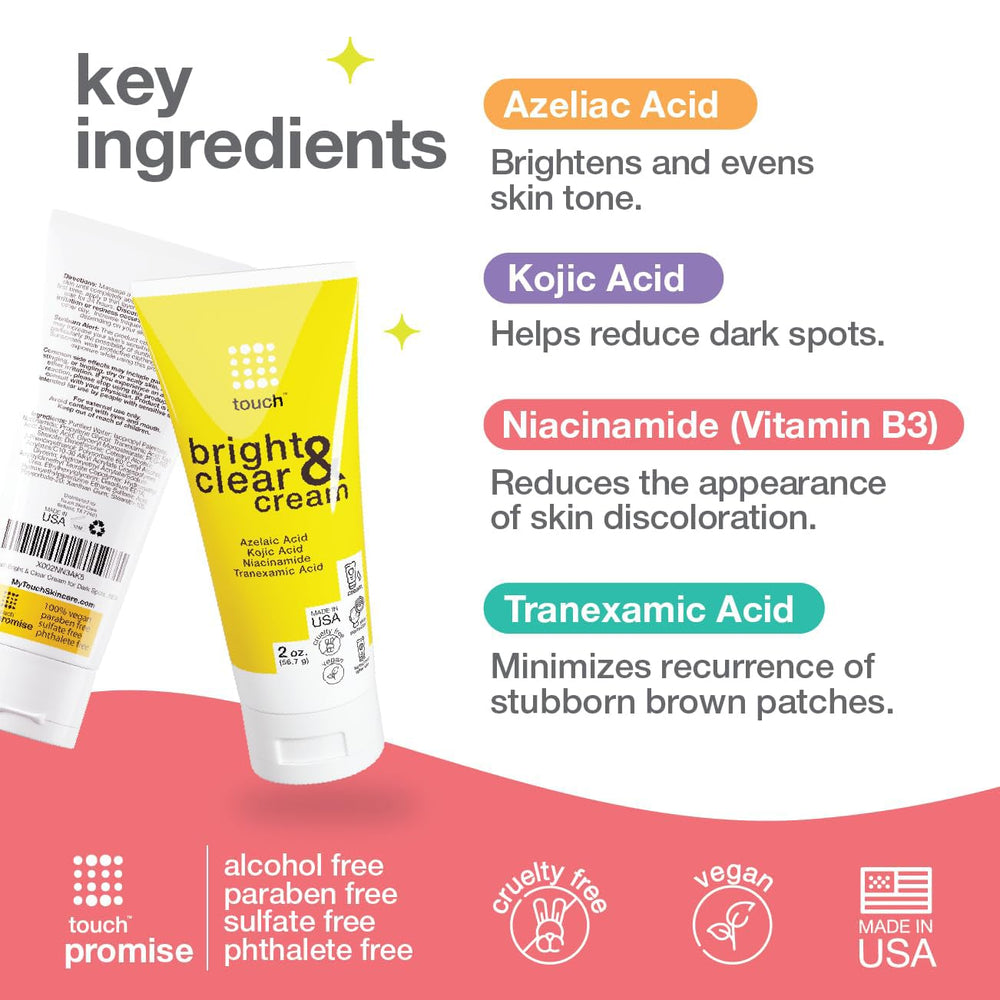 TOUCH Radiance Cream niacinamide and kojic-acid blend highlighted in the image.