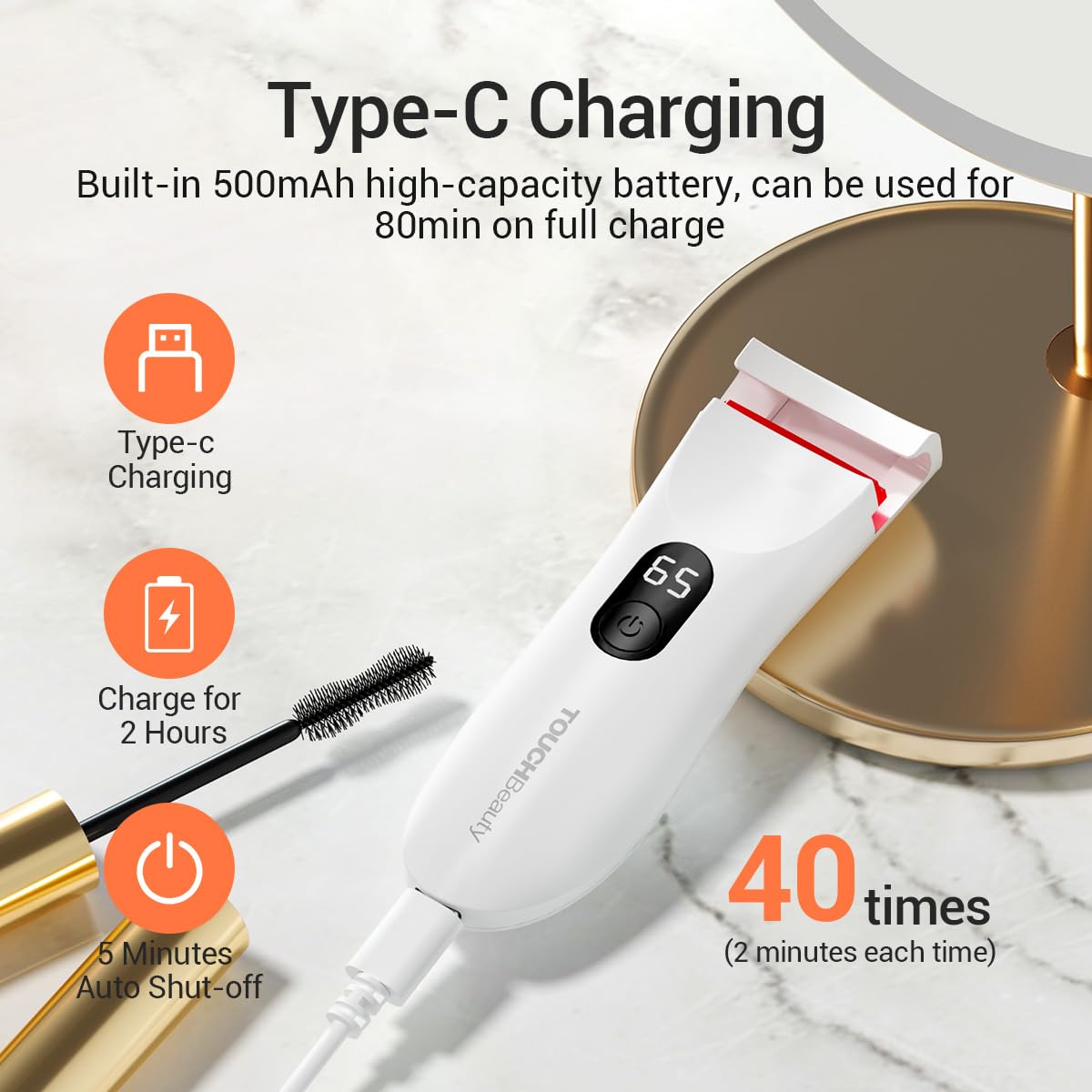 TOUCHBeauty rechargeable design offers cord-free convenience for on-the-go use.