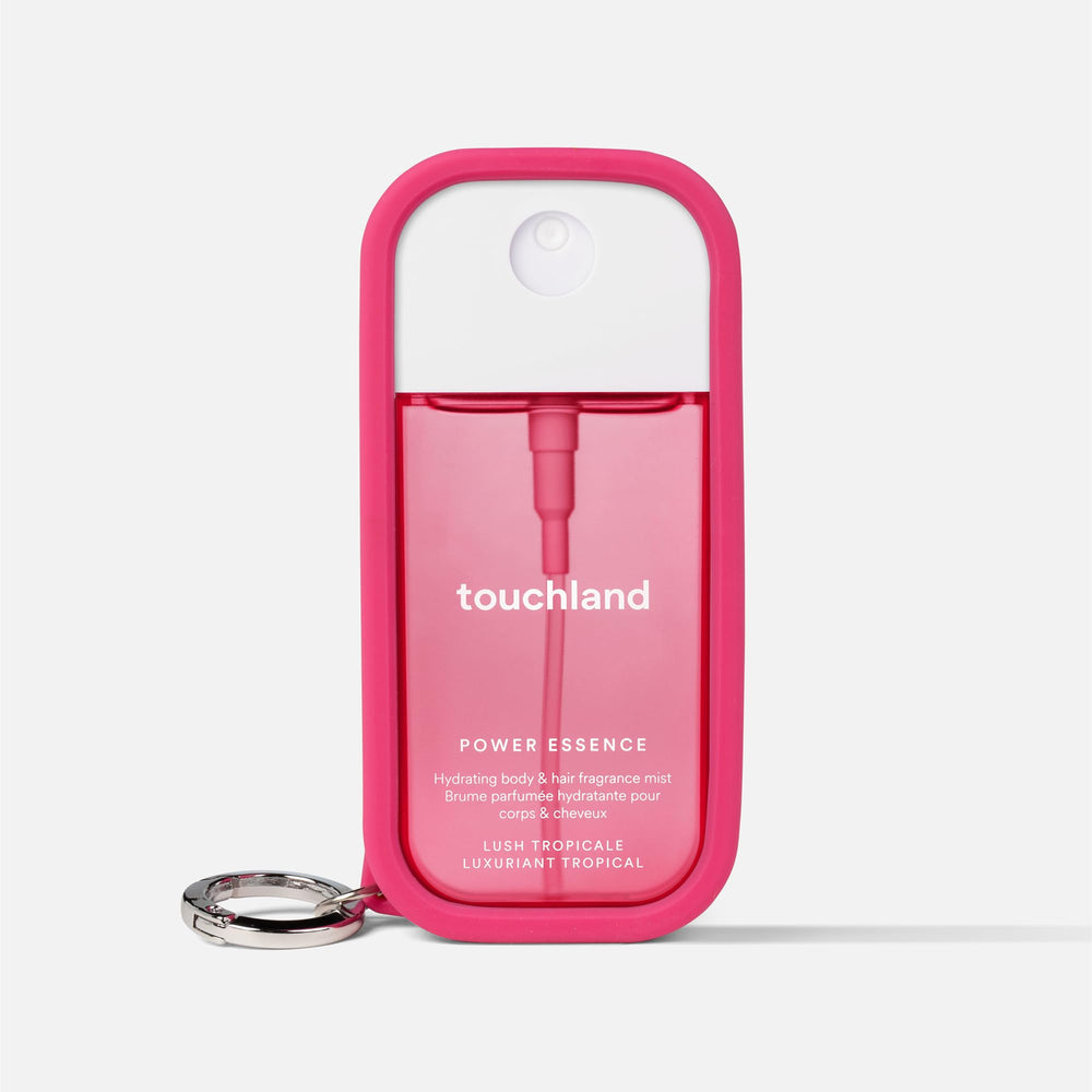 Touchland Hibiscus Pink Case clipped on a bag demonstrates hands-free access.
