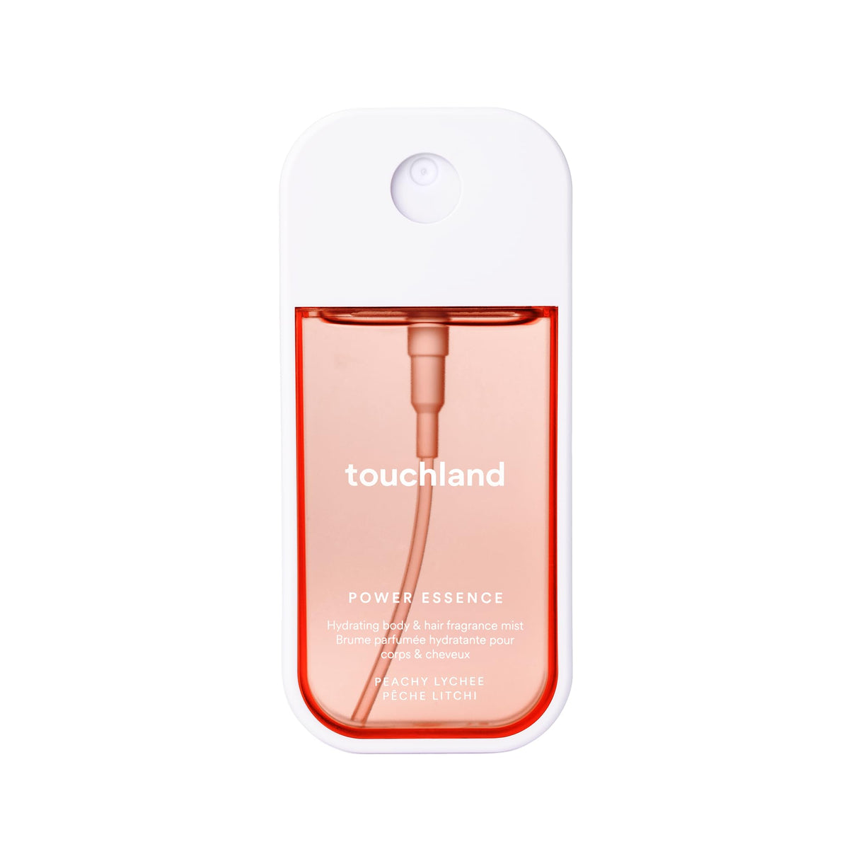 Touchland Peachy Lychee mist bottle showcases travel-friendly packaging for on-the-go freshness.