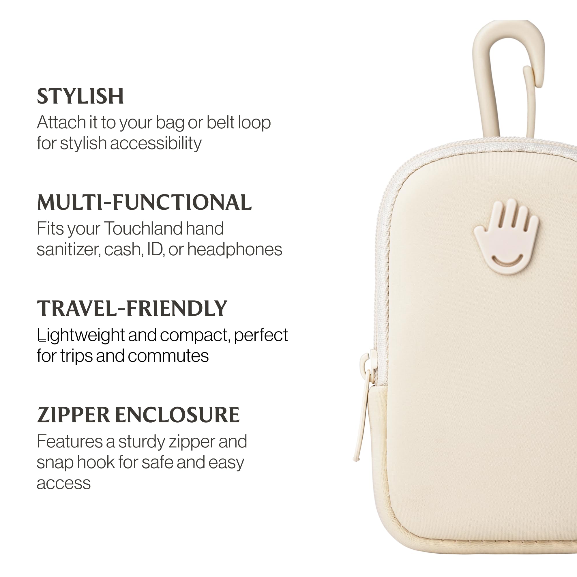 Touchland Touchette Ivory pouch carries sanitizer, cash, ID, or earbuds safely.