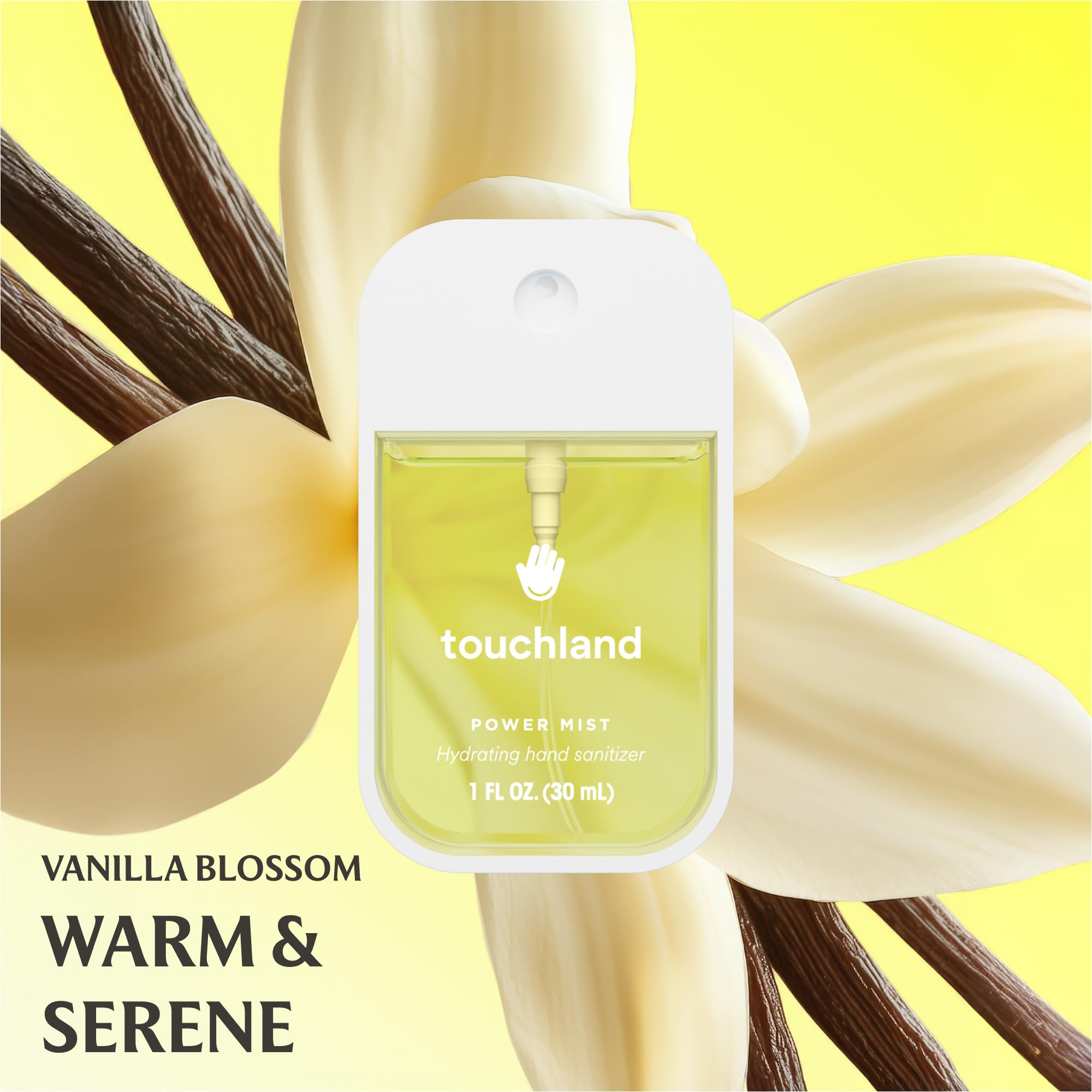 Touchland Vanilla Blossom sanitizer atomizer close-up highlighting quick-dry hand care.