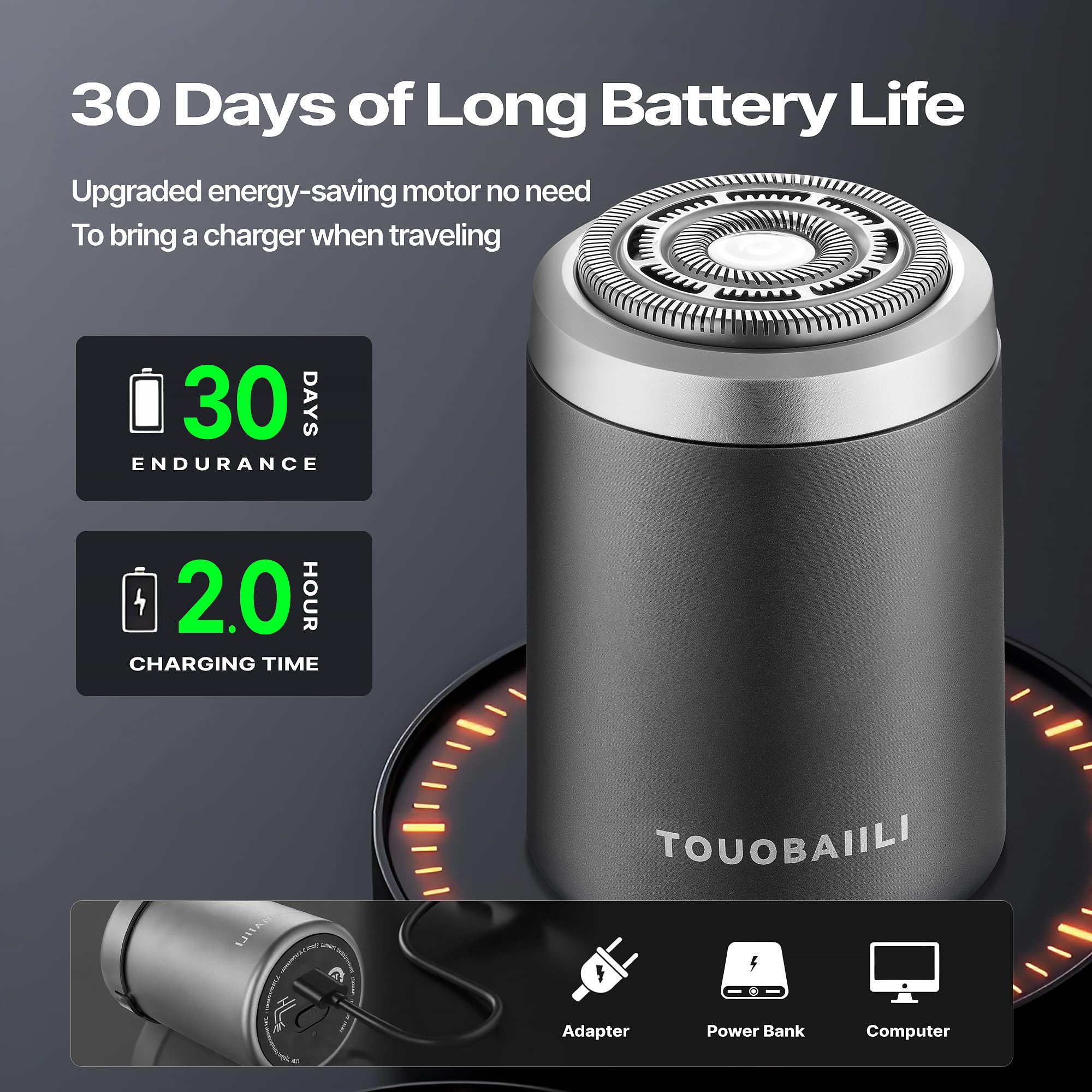 Touobaiili electric foil shaver IPX7 waterproof highlights wet-dry versatility for shower use.