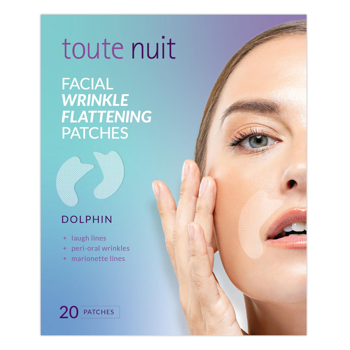 Toute Nuit Wrinkle Patches packaging showcases US-made dolphin design for targeted smoothing.