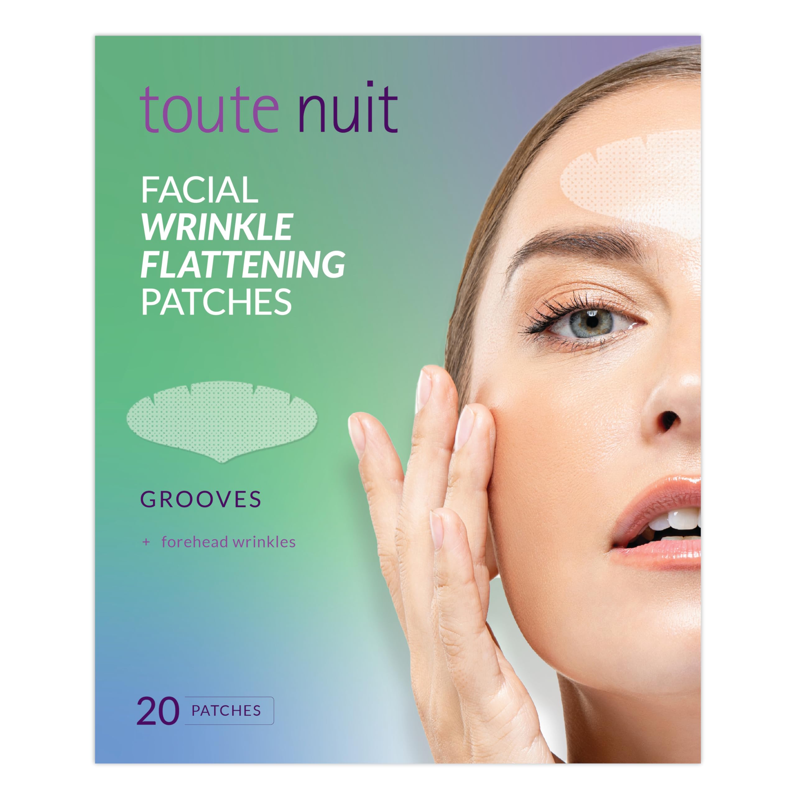 Toute Nuit wrinkle patches on forehead for maximum coverage and smoothing.