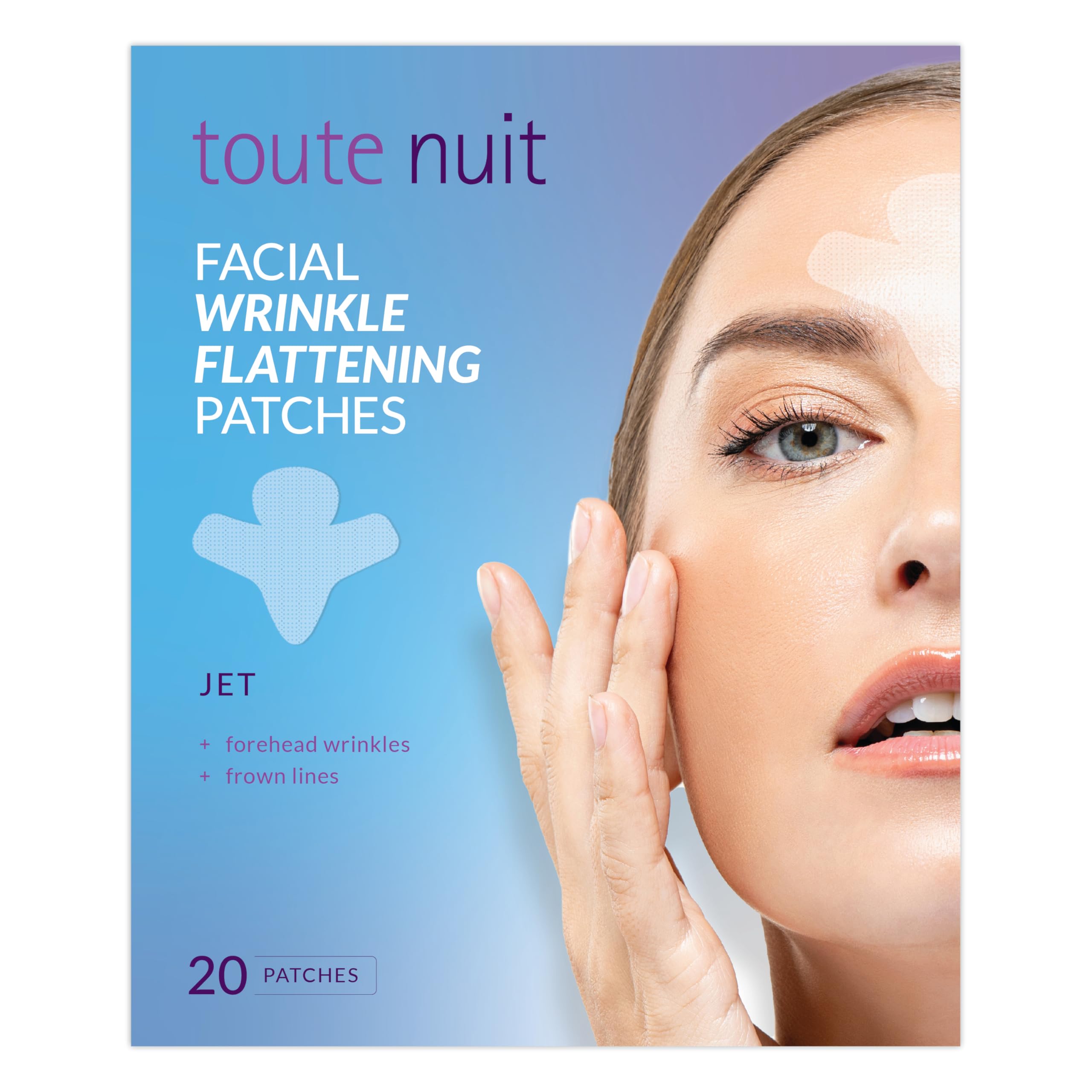 Toute Nuit Wrinkle Patches on forehead jet shape smooths targeted lines for a refreshed look.