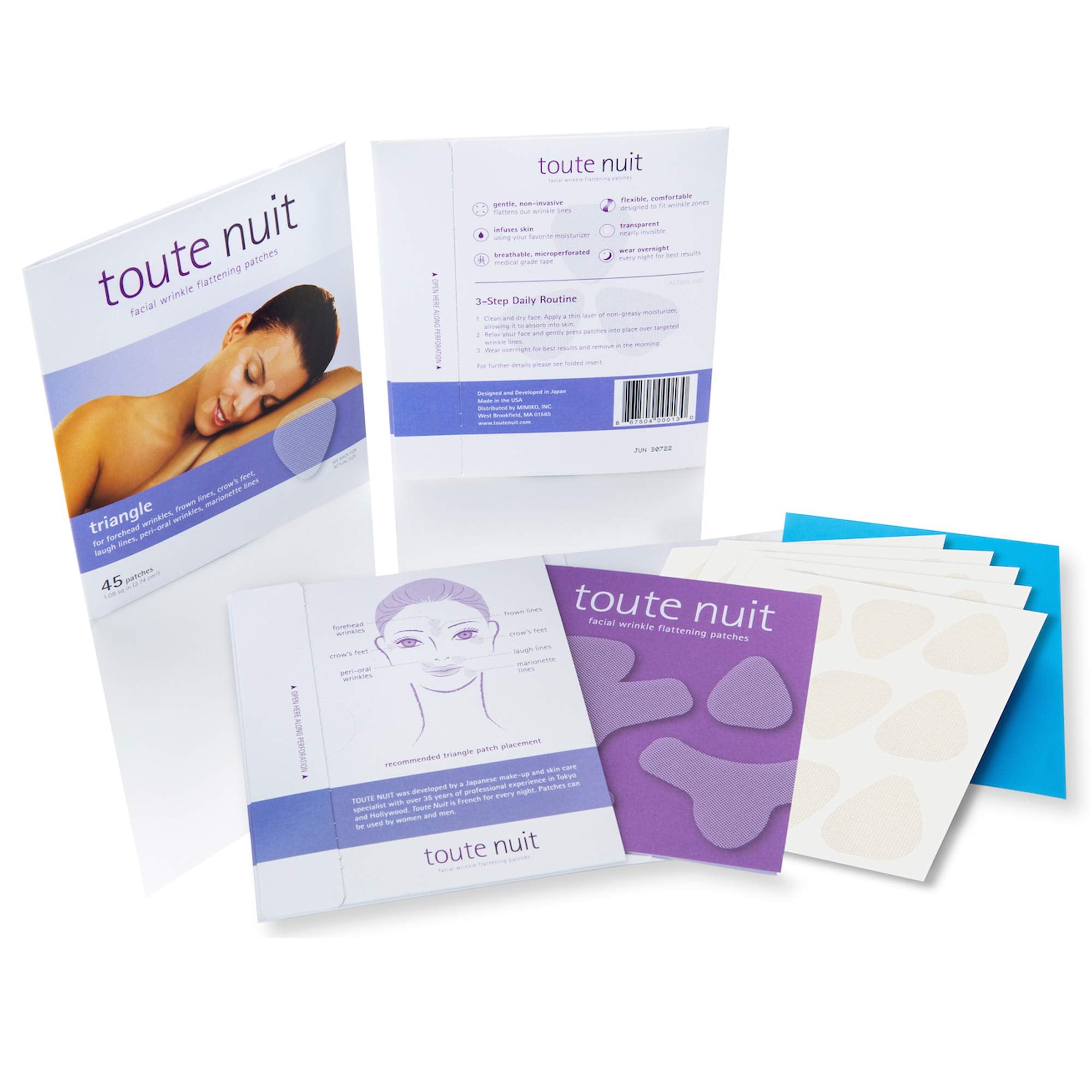 Toute Nuit triangle patches on overnight-use layout illustrate easy bedtime routine.