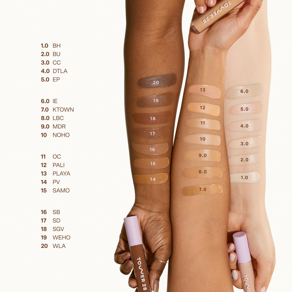 Tower 28 Beauty Swipe Serum Concealer brush blend showing seamless finish.