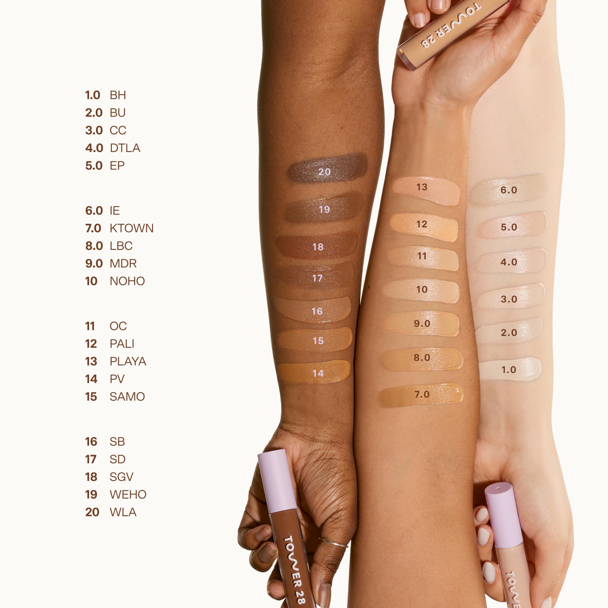 Tower 28 Beauty Swipe Serum Concealer fingertip application demonstrates seamless blend.