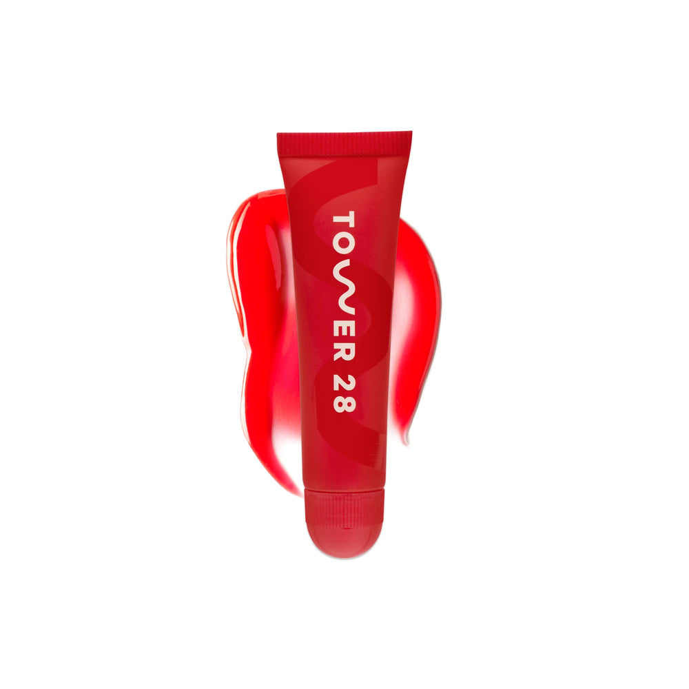 Tower 28 LipSoftie balm packaging close-up highlights premium hydration.