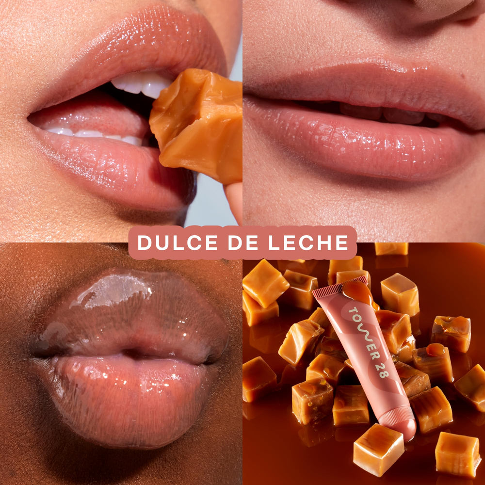 Tower 28 LipSoftie Dulce de Leche swatch showing sheer nude tint and soft shine.