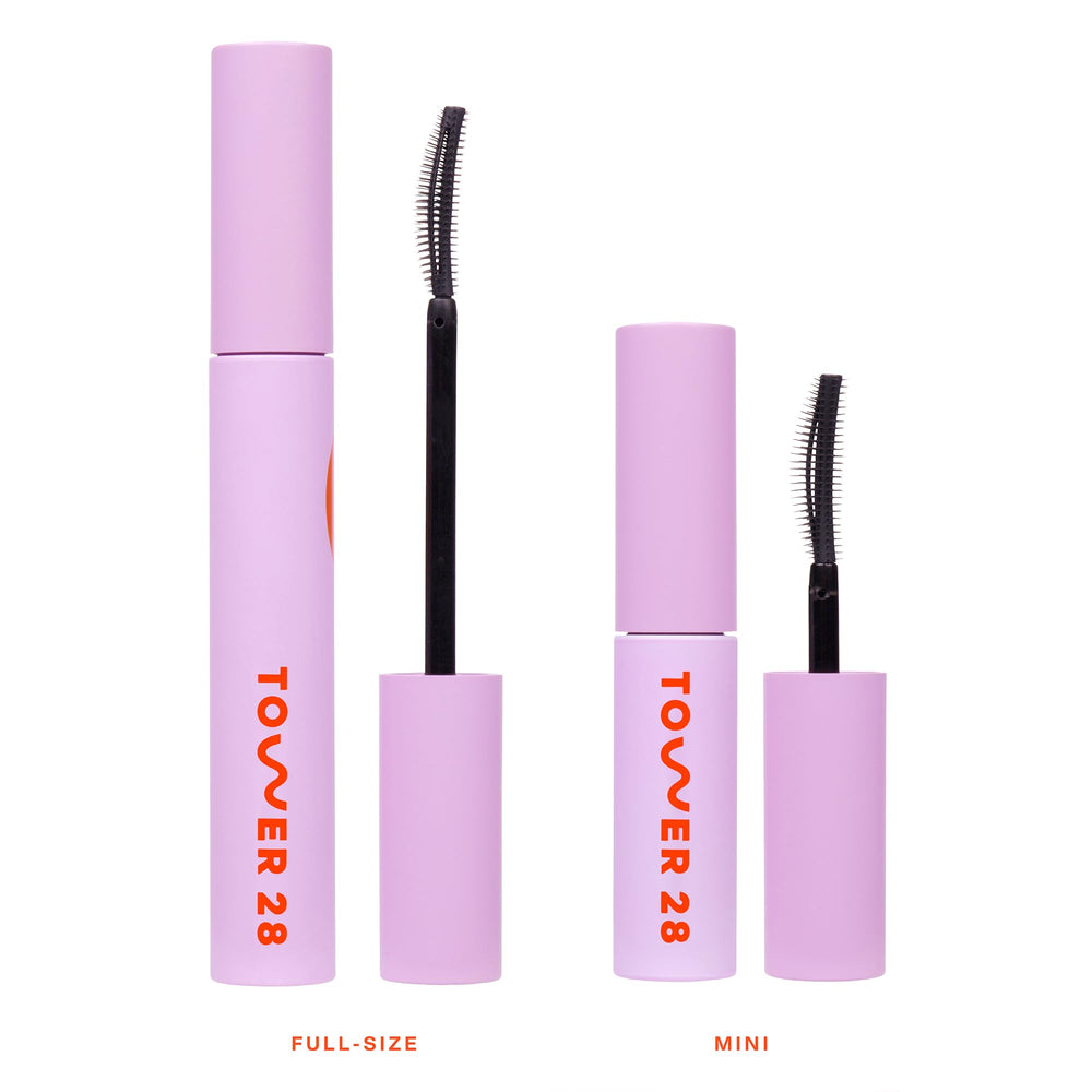 Tower 28 MakeWaves Mascara Jet wear test showing smudge-free, long-lasting definition